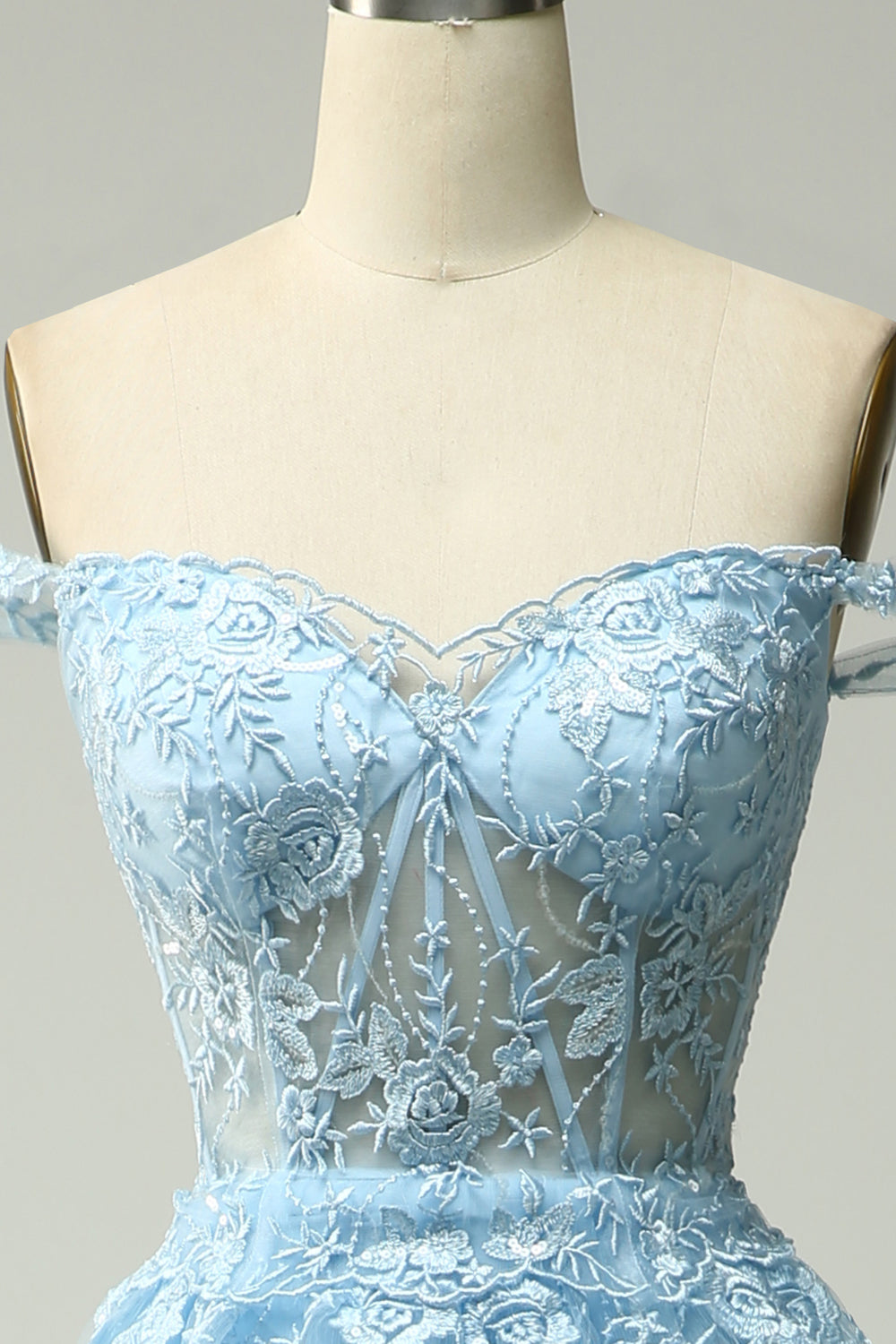 OFF-SHOULDER A-LINE BLUE PROM DRESS WITH APPLIQUES