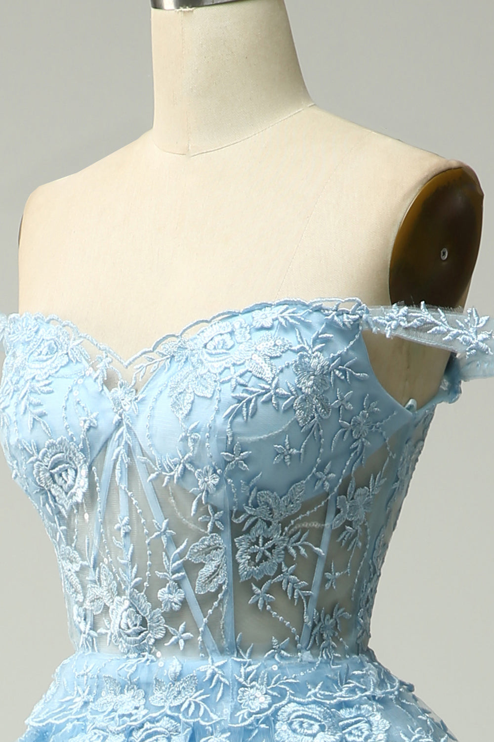 OFF-SHOULDER A-LINE BLUE PROM DRESS WITH APPLIQUES