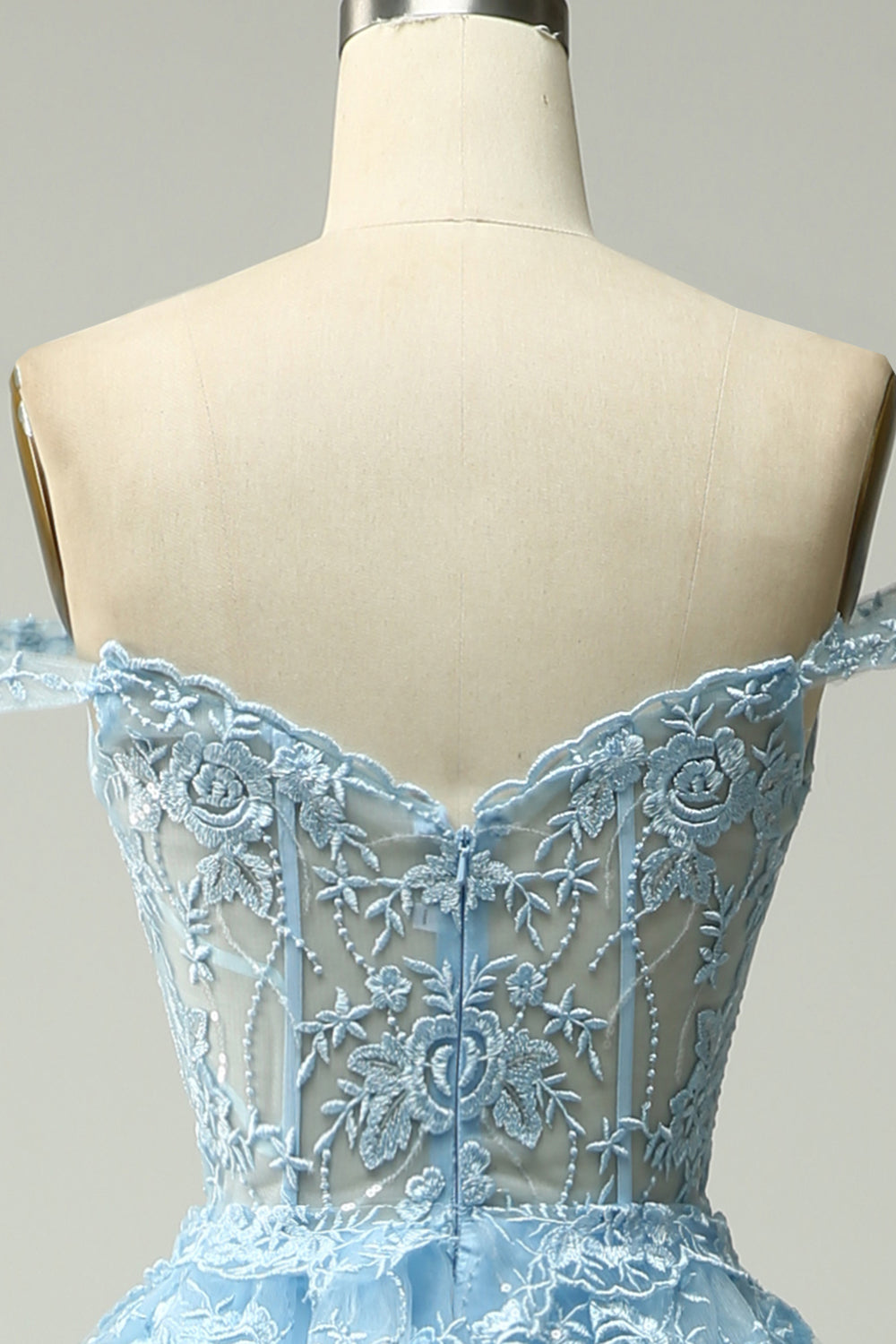 OFF-SHOULDER A-LINE BLUE PROM DRESS WITH APPLIQUES