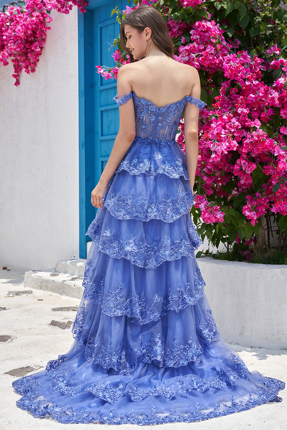 OFF SHOULDER PURPLE CORSET PROM DRESS SLIT