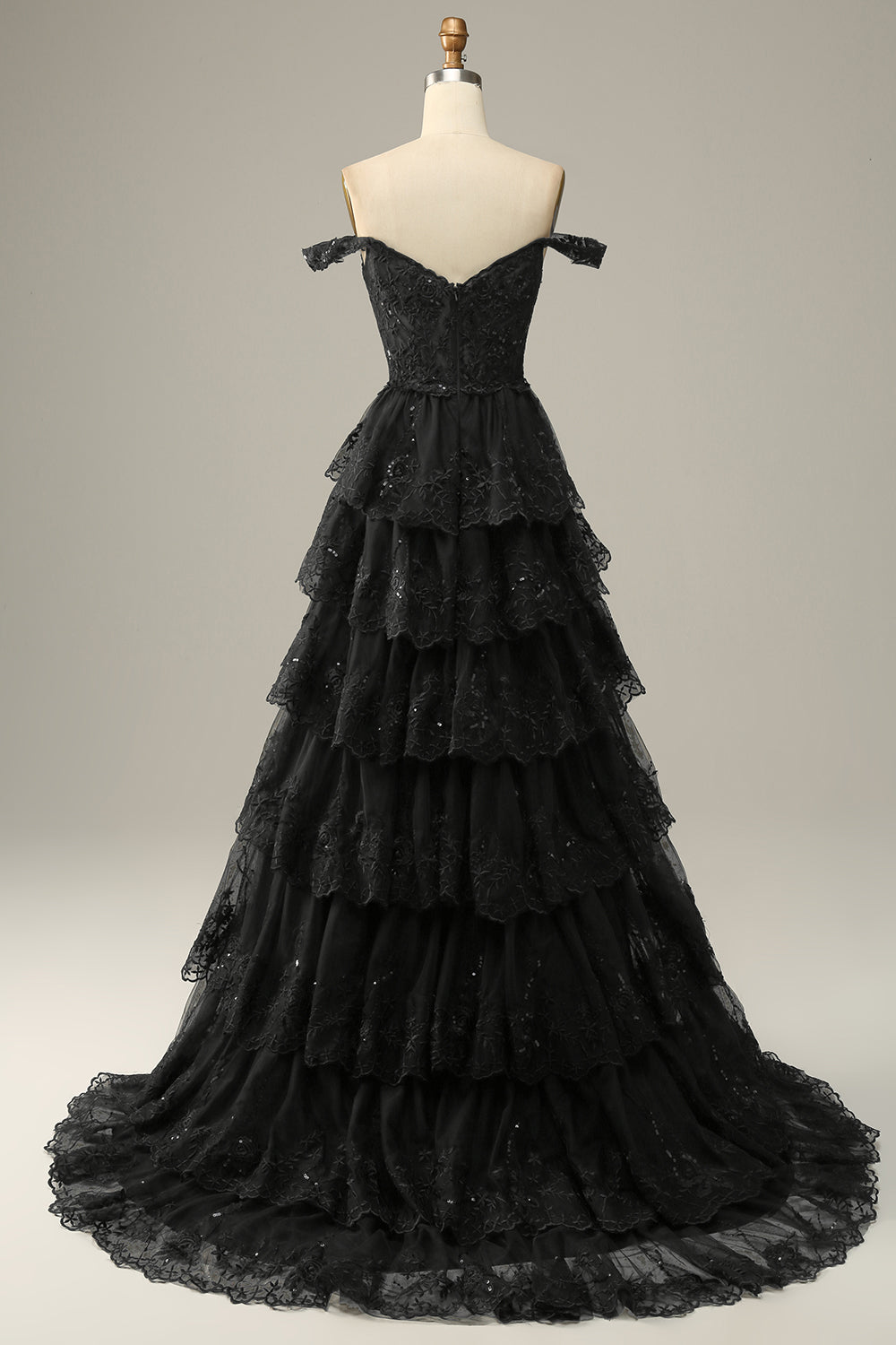 LONG OFF-SHOULDER BLACK TIERED PROM DRESS