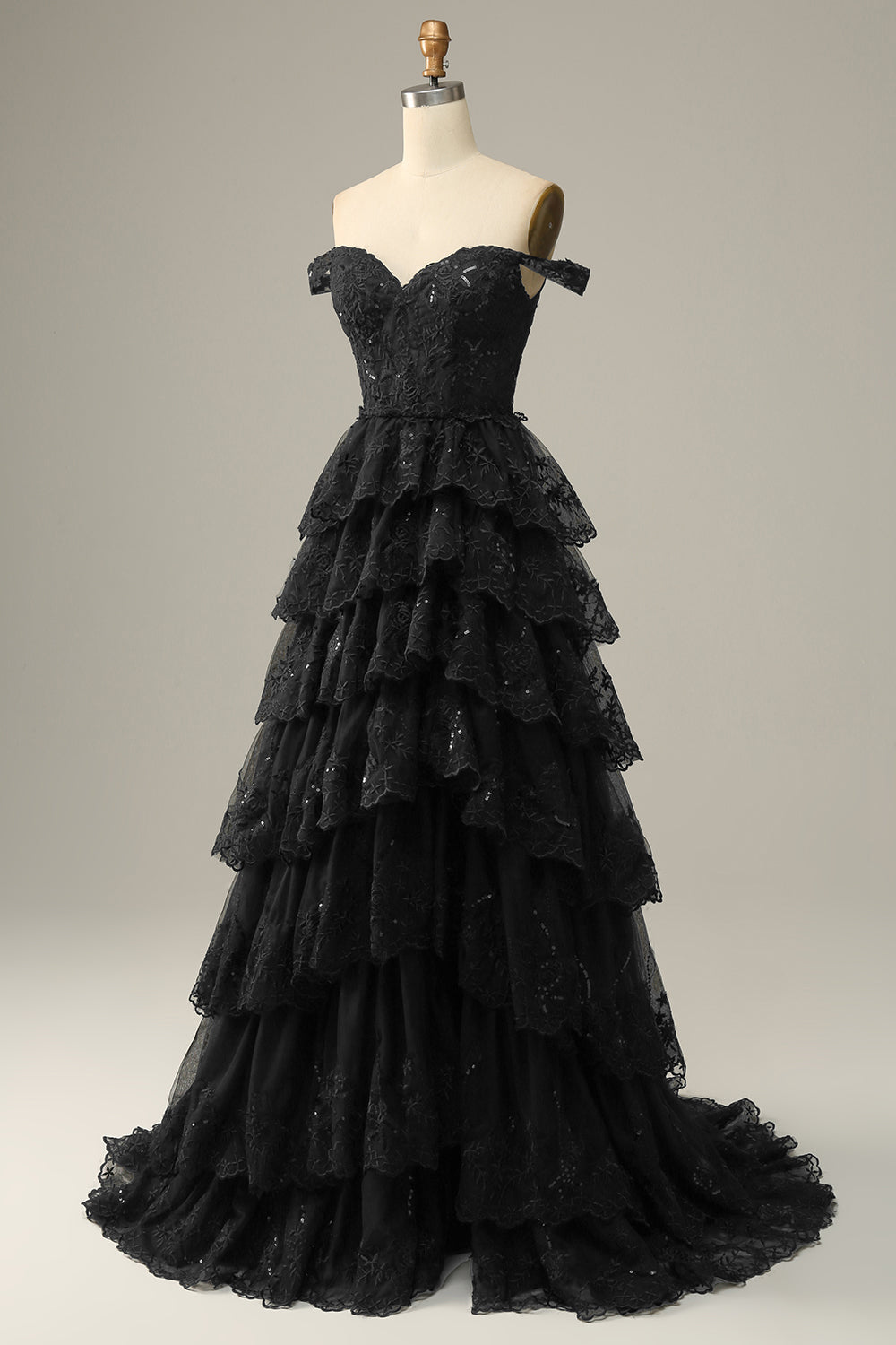LONG OFF-SHOULDER BLACK TIERED PROM DRESS