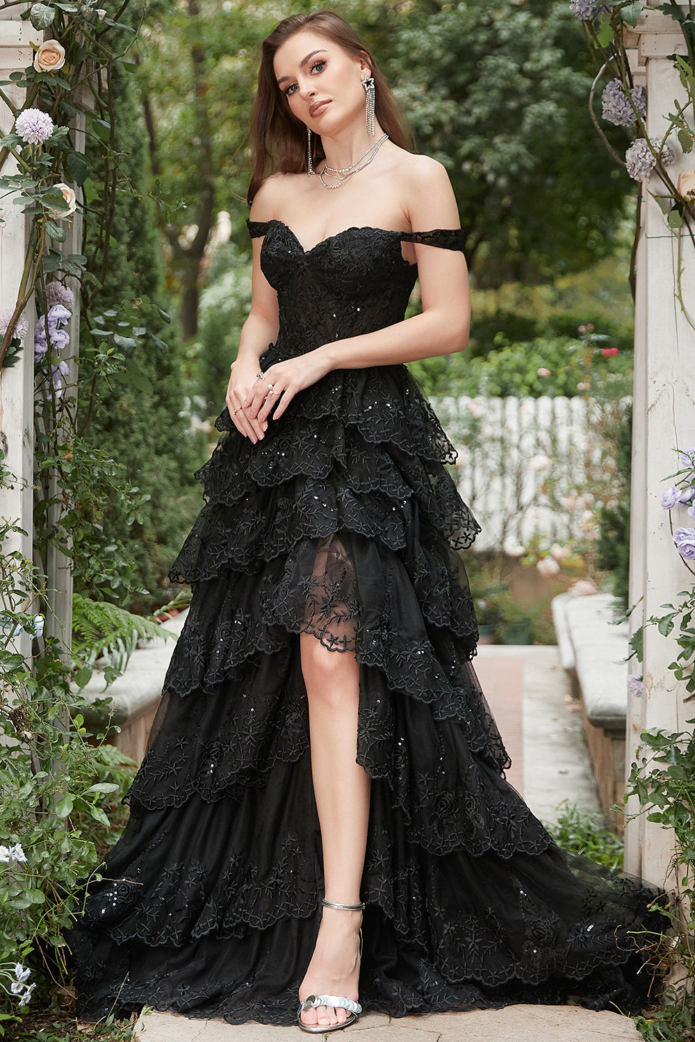 LONG OFF-SHOULDER BLACK TIERED PROM DRESS