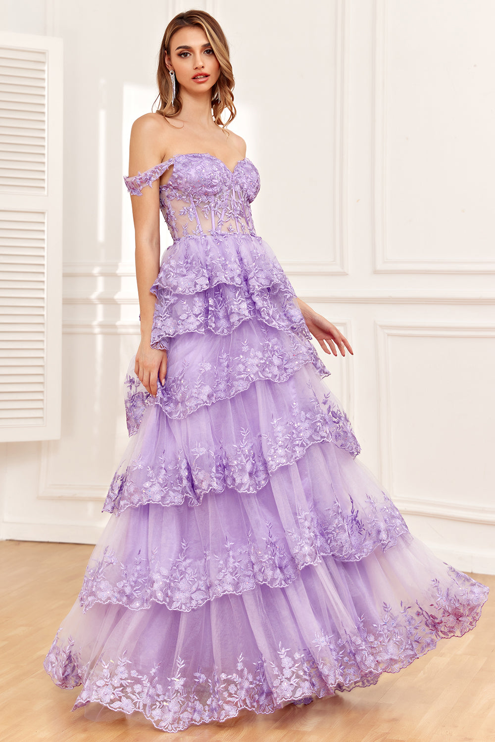 OFF-SHOULDER A-LINE BLUE PROM DRESS WITH APPLIQUES