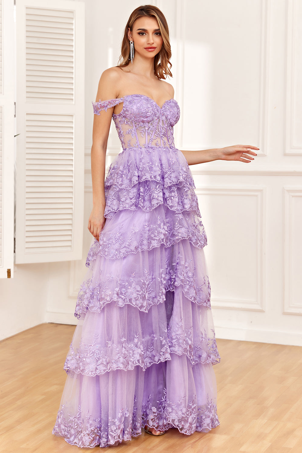 OFF SHOULDER PURPLE CORSET PROM DRESS SLIT