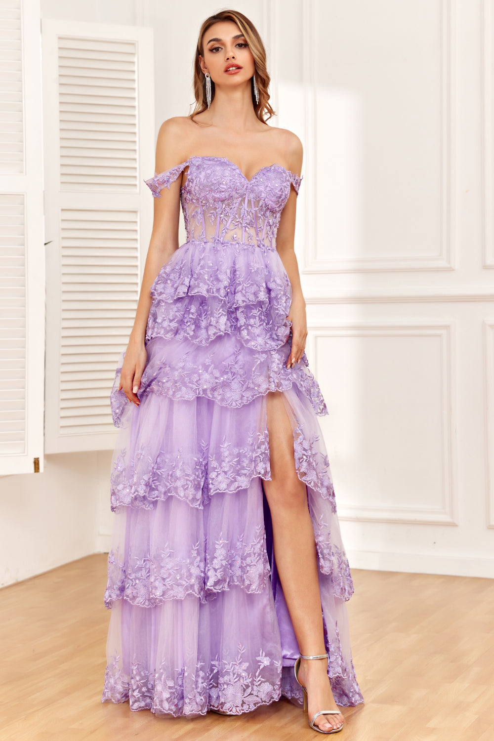 OFF SHOULDER PURPLE CORSET PROM DRESS SLIT
