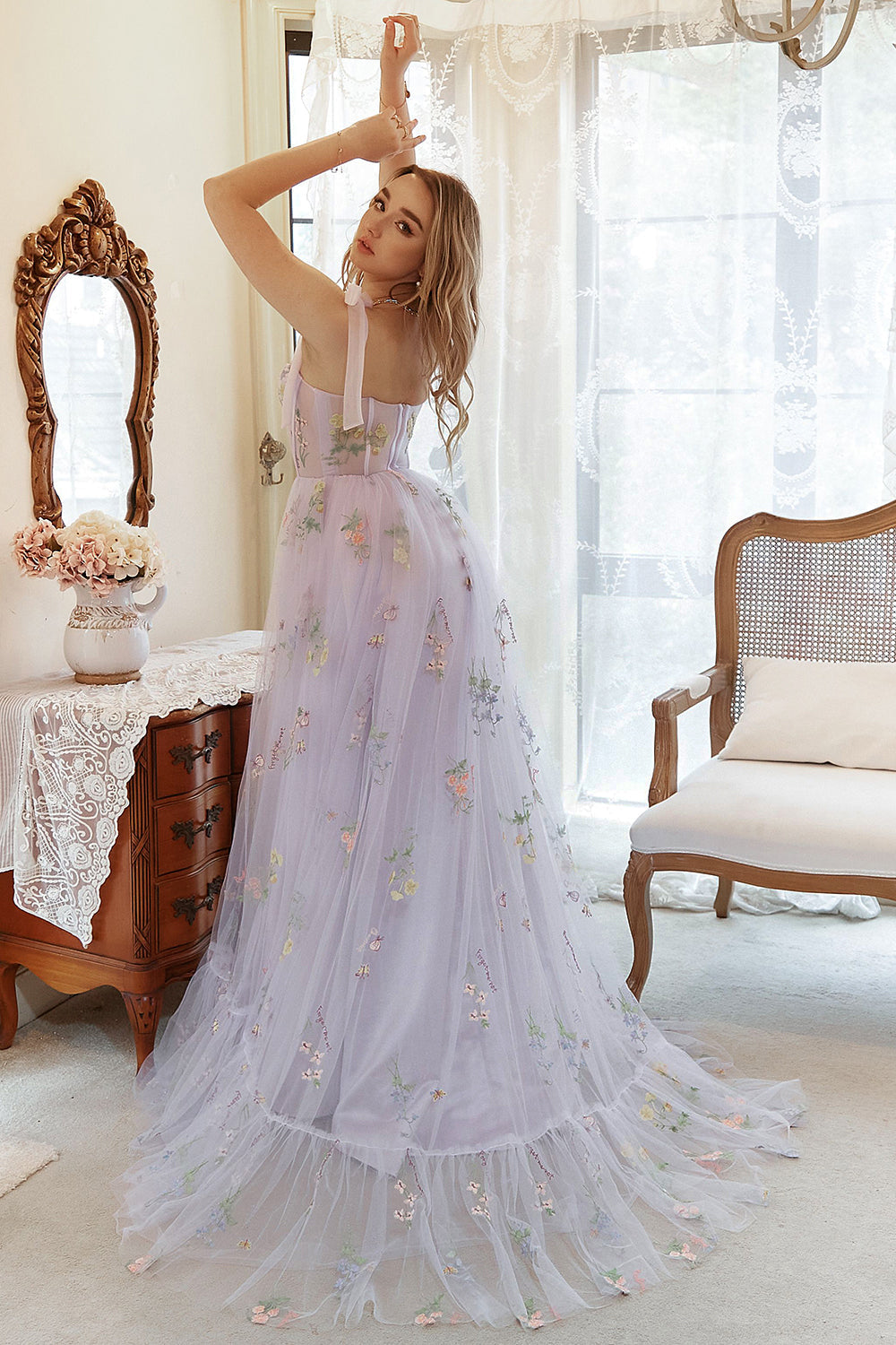 PLUS SIZE LAVENDER EMBROIDERED A-LINE CORSET PROM DRESS