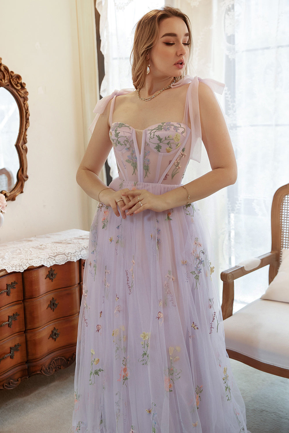 PLUS SIZE LAVENDER EMBROIDERED A-LINE CORSET PROM DRESS