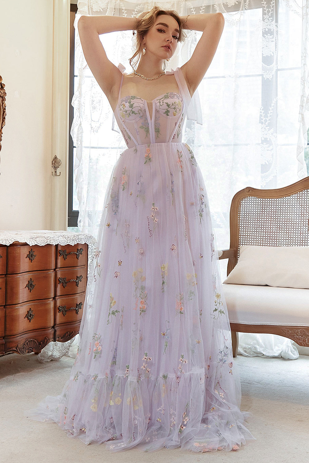 PLUS SIZE LAVENDER EMBROIDERED A-LINE CORSET PROM DRESS