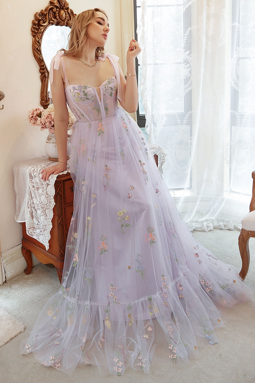 PLUS SIZE LAVENDER EMBROIDERED A-LINE CORSET PROM DRESS