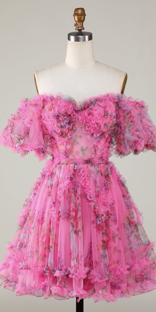A Line Off Shoulder Fuchsia Tulle Short Homecoming Dress with Short Sl