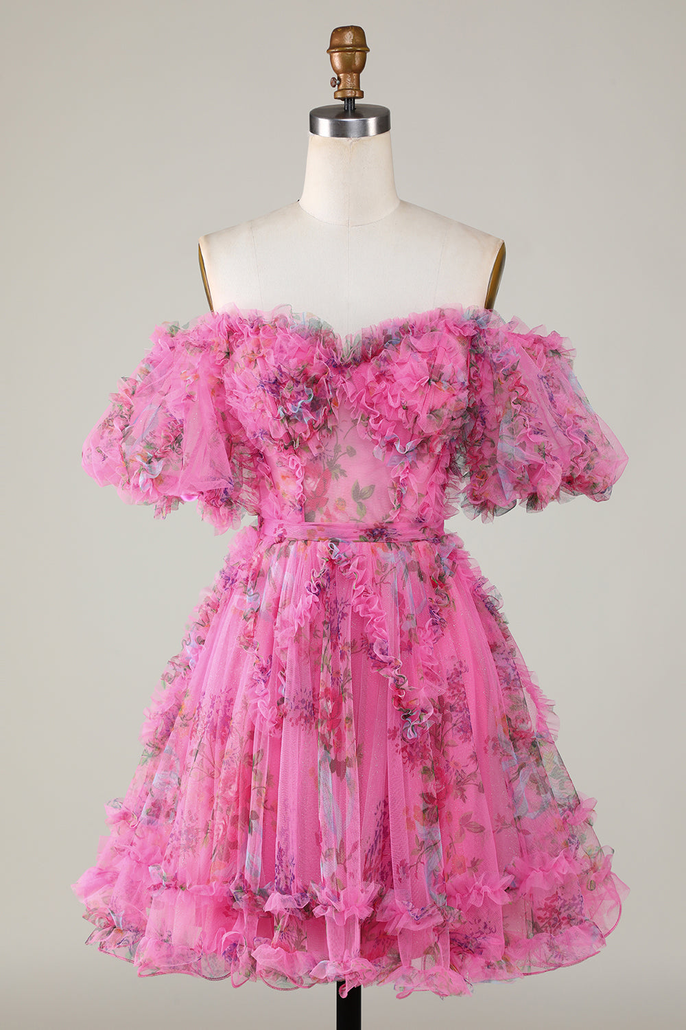 A-LINE OFF-SHOULDER FUCHSIA TULLE SHORT HOMECOMING DRESS