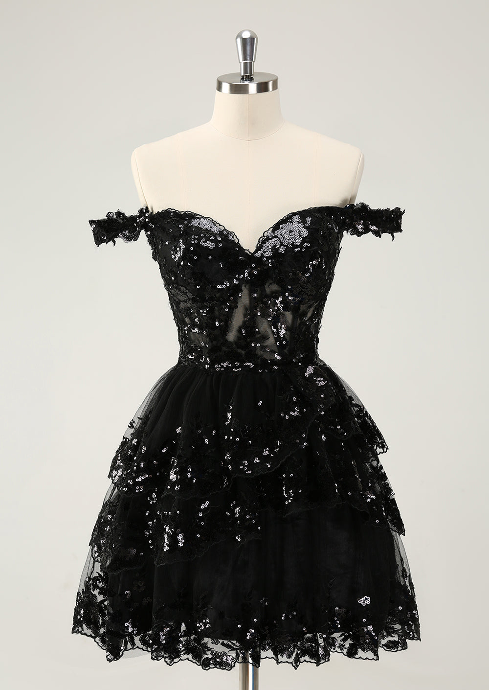 SPARKLY BLACK A-LINE OFF-SHOULDER CORSET LACE HOMECOMING DRESS