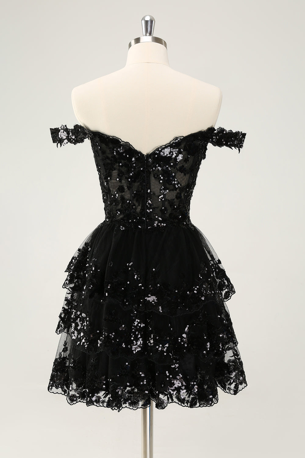 SPARKLY BLACK A-LINE OFF-SHOULDER CORSET LACE HOMECOMING DRESS
