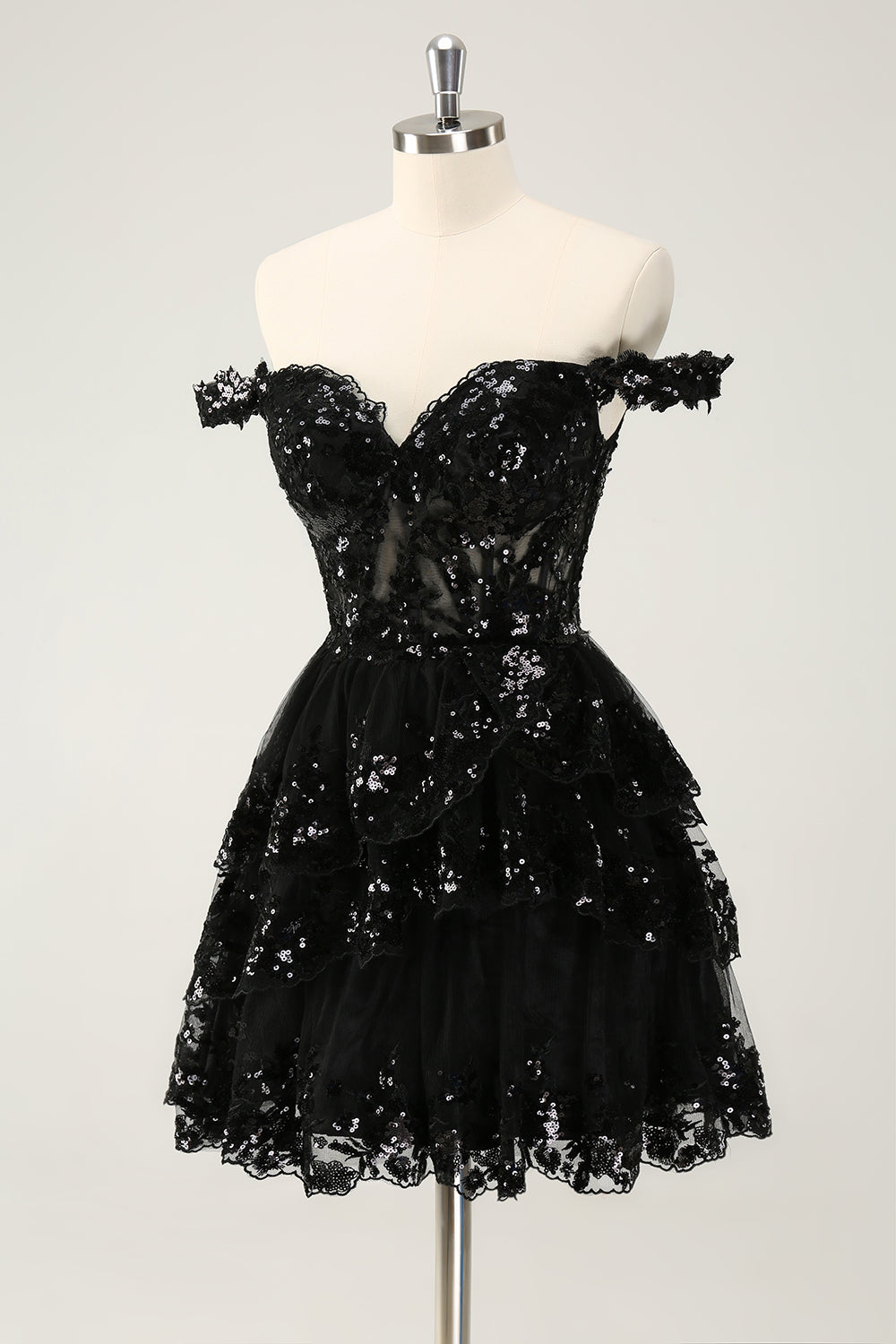 SPARKLY BLACK A-LINE OFF-SHOULDER CORSET LACE HOMECOMING DRESS