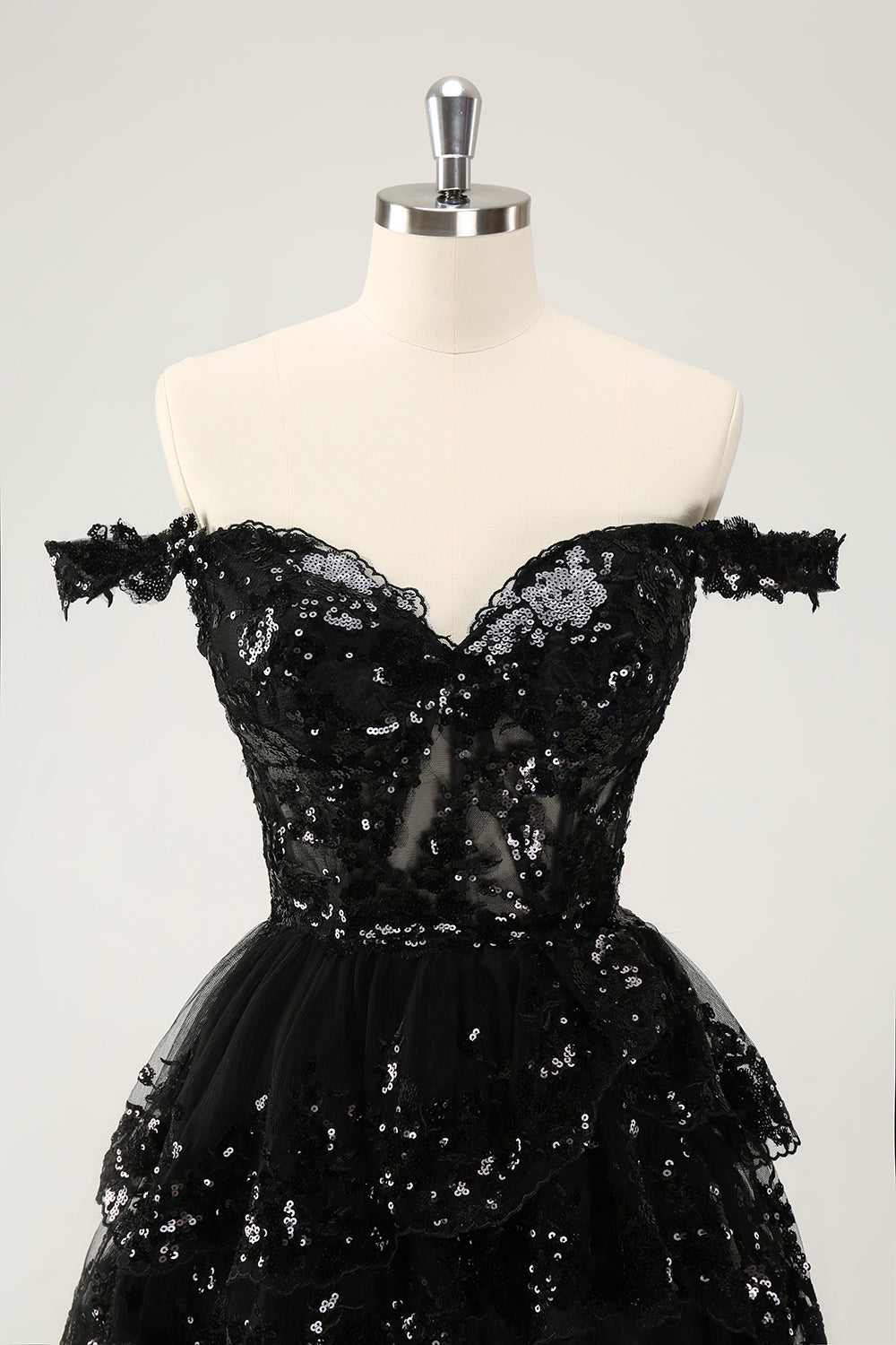 SPARKLY BLACK A-LINE OFF-SHOULDER CORSET LACE HOMECOMING DRESS
