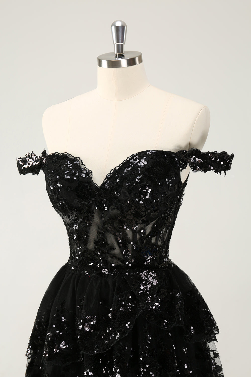 SPARKLY BLACK A-LINE OFF-SHOULDER CORSET LACE HOMECOMING DRESS