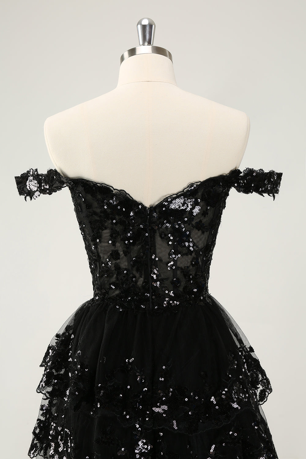 SPARKLY BLACK A-LINE OFF-SHOULDER CORSET LACE HOMECOMING DRESS
