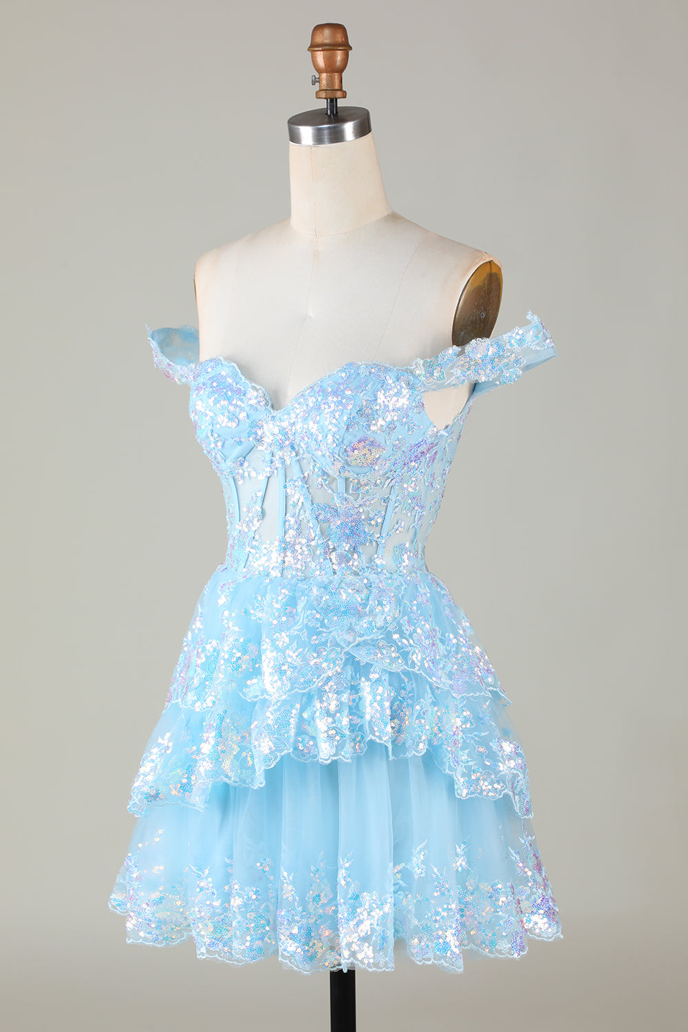 SPARKLY BLUE CORSET A-LINE LACE SHORT HOMECOMING DRESS