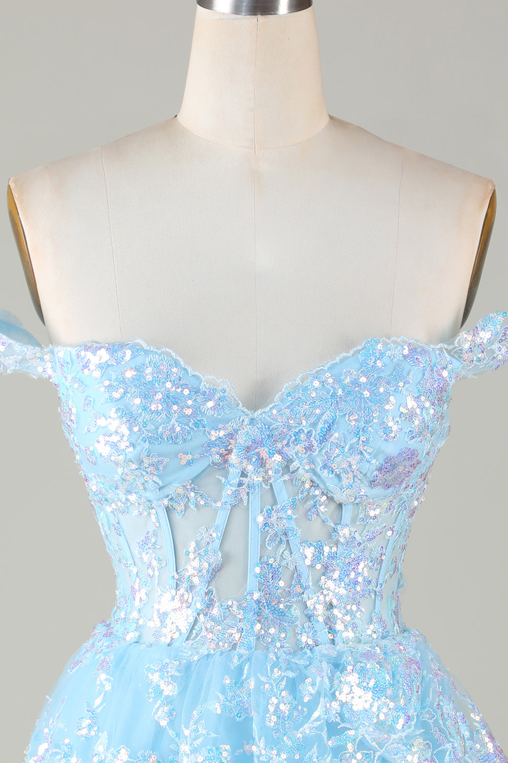 SPARKLY BLUE CORSET A-LINE LACE SHORT HOMECOMING DRESS
