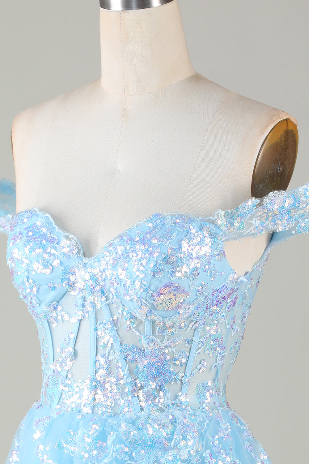 SPARKLY BLUE CORSET A-LINE LACE SHORT HOMECOMING DRESS