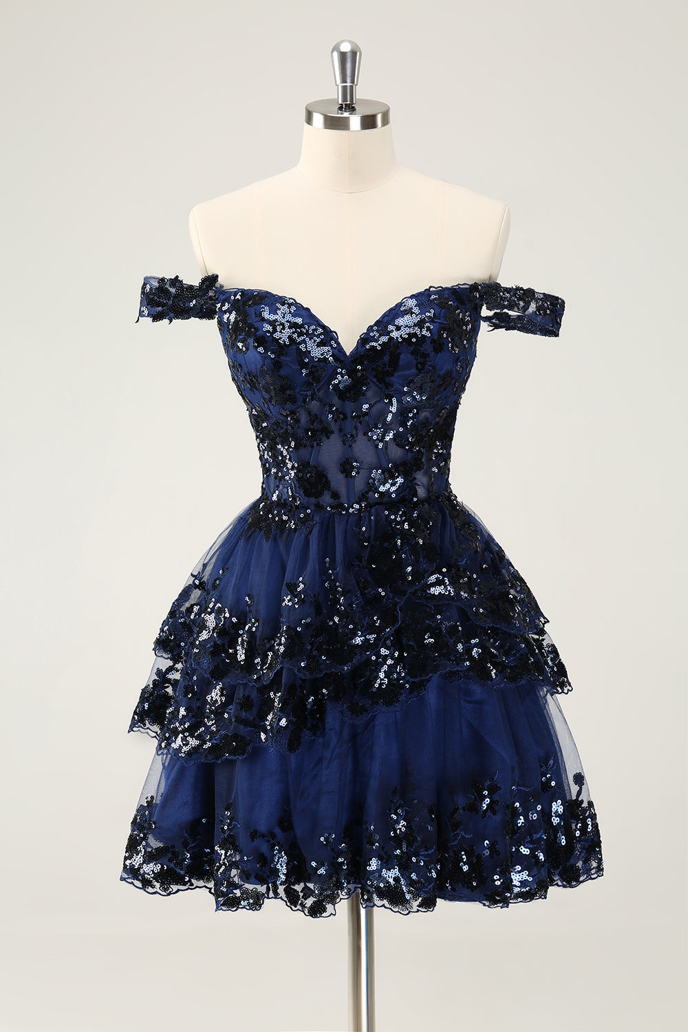 SPARKLY BLACK A-LINE OFF-SHOULDER CORSET LACE HOMECOMING DRESS
