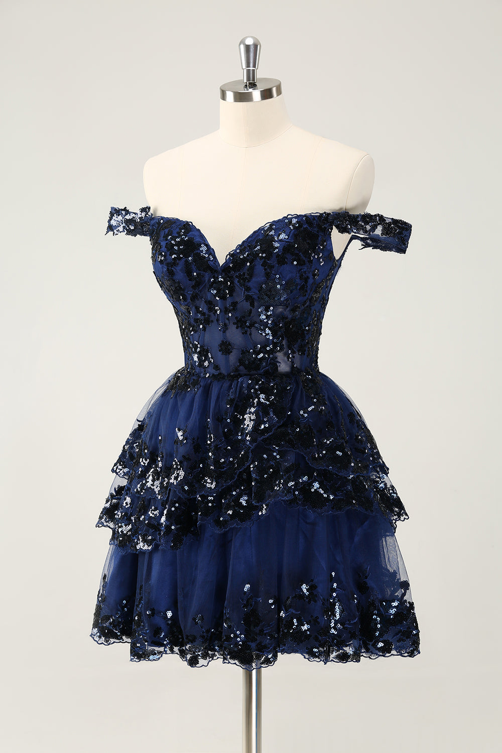 SPARKLY BLACK A-LINE OFF-SHOULDER CORSET LACE HOMECOMING DRESS