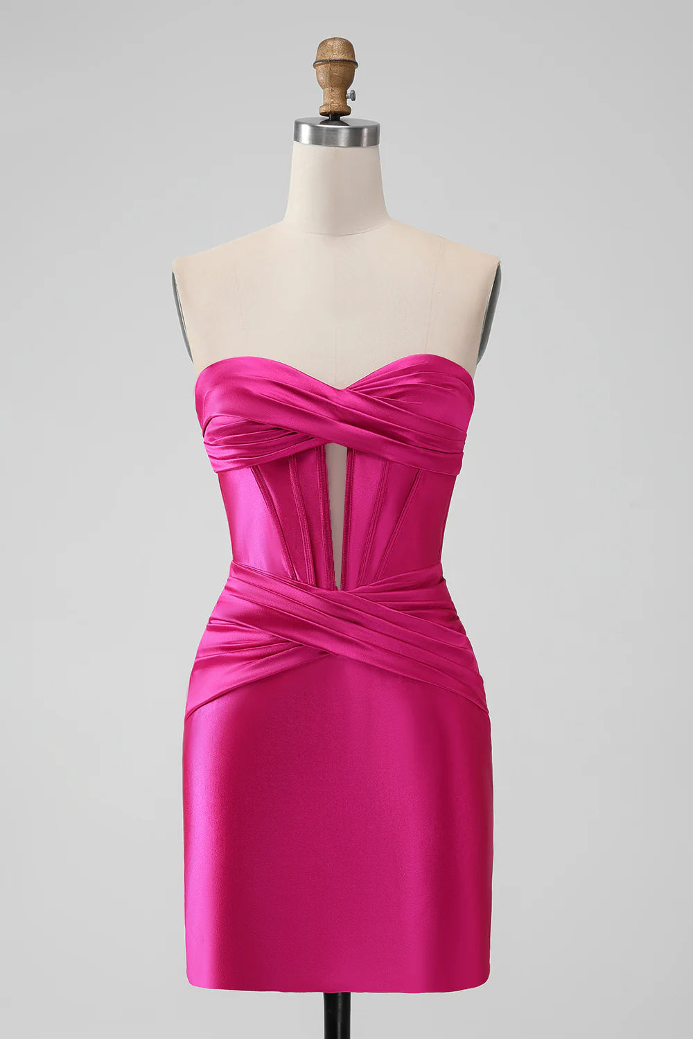 SATIN FUCHSIA STRAPLESS HOLLOW BODYCON HOMECOMING DRESS