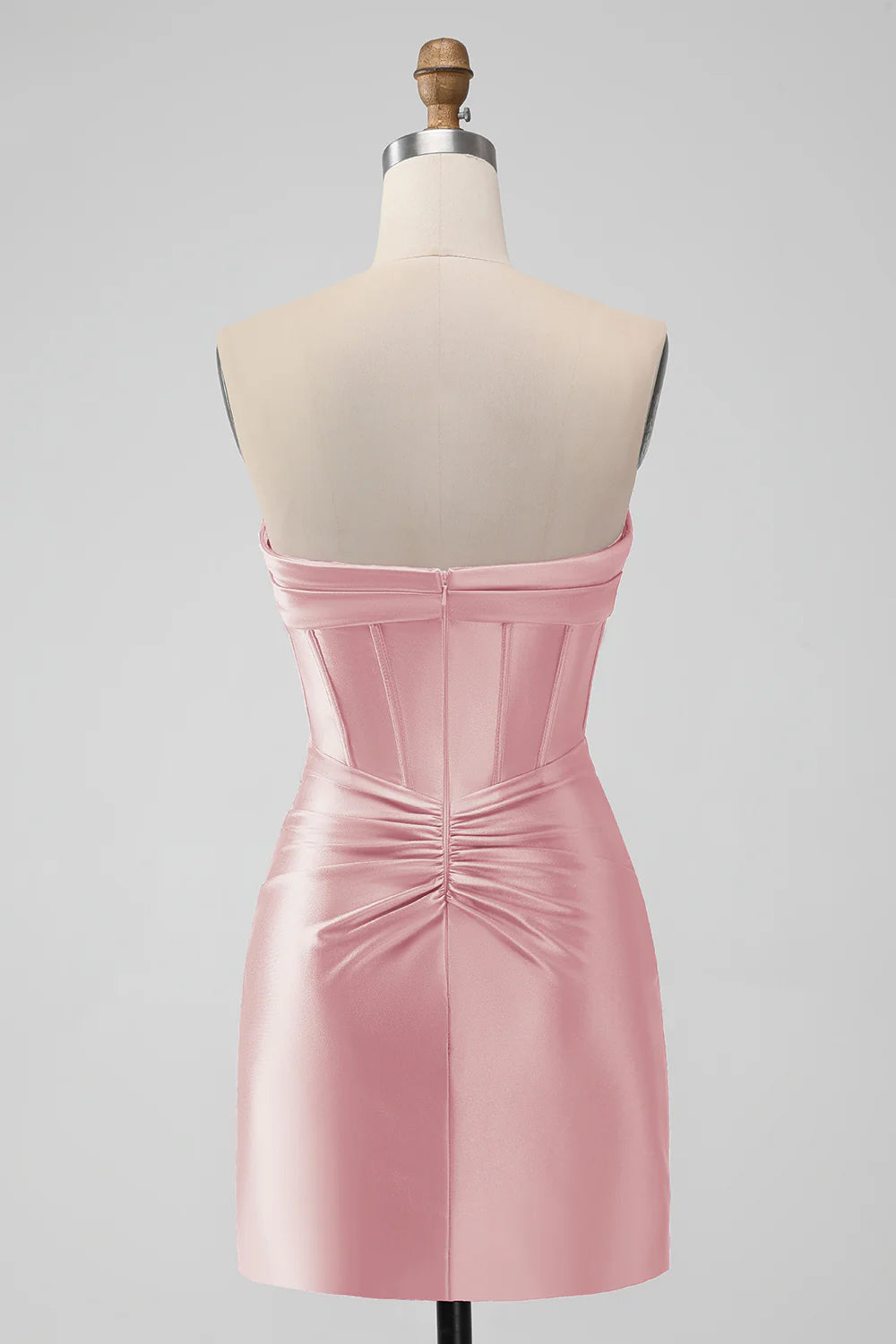 SATIN FUCHSIA STRAPLESS HOLLOW BODYCON HOMECOMING DRESS