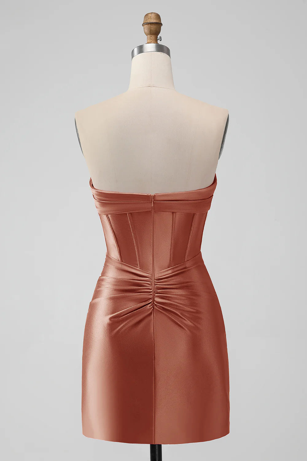 SATIN FUCHSIA STRAPLESS HOLLOW BODYCON HOMECOMING DRESS