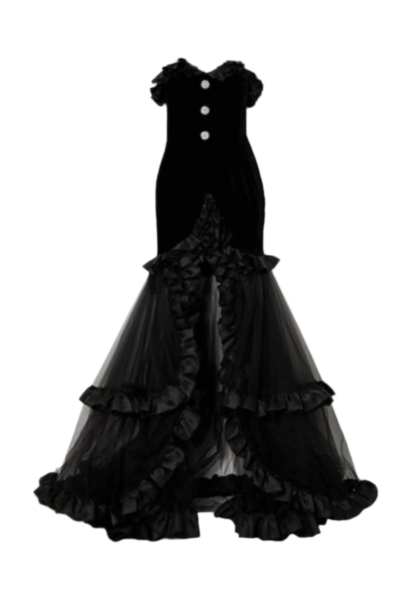 YALIE RUFFLE STRAPLESS MESH MAXI DRESS