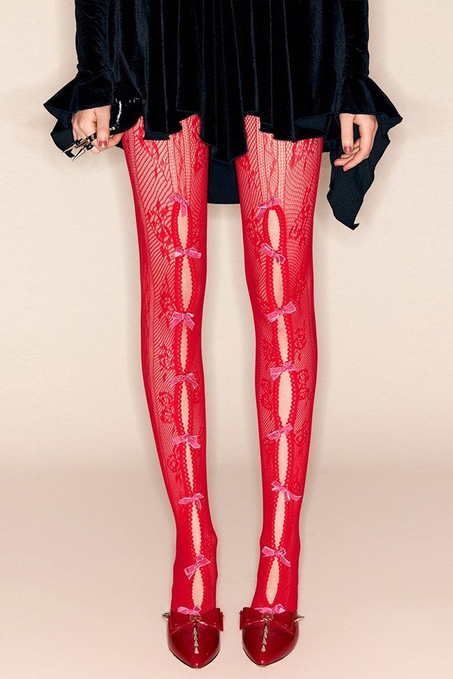 YaraPinkBowknotFishnetStockings-Red_2 RED BOWKNOT FISHNET STOCKINGS - DATE NIGHT