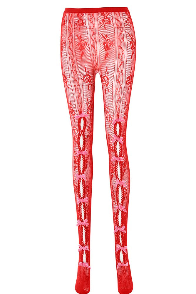 RED BOWKNOT FISHNET STOCKINGS - DATE NIGHT