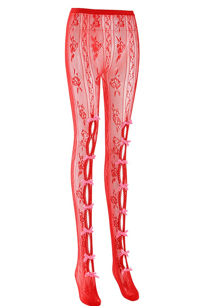 RED BOWKNOT FISHNET STOCKINGS - DATE NIGHT