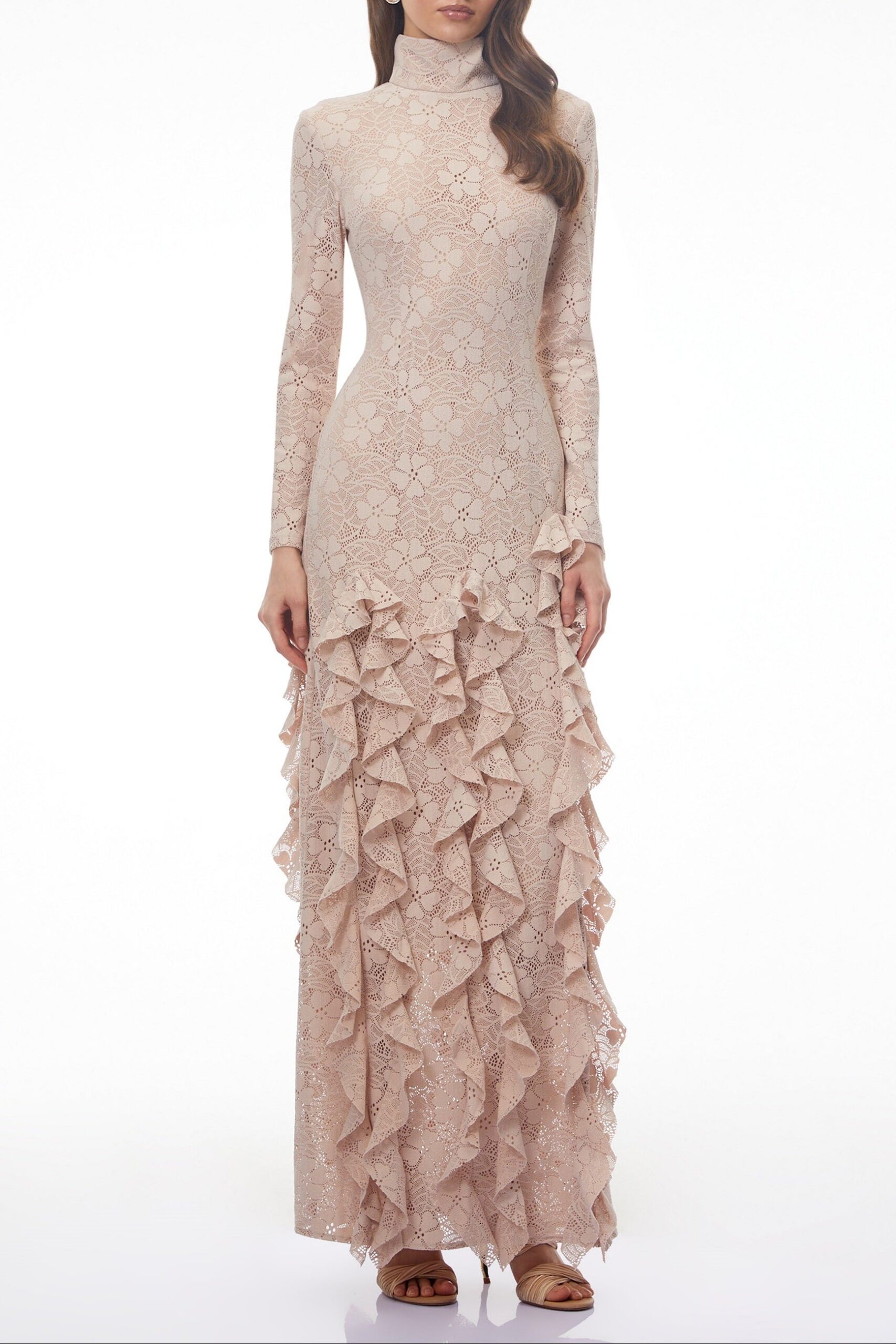 NUDE FLORAL LACE RUFFLED MAXI DRESS