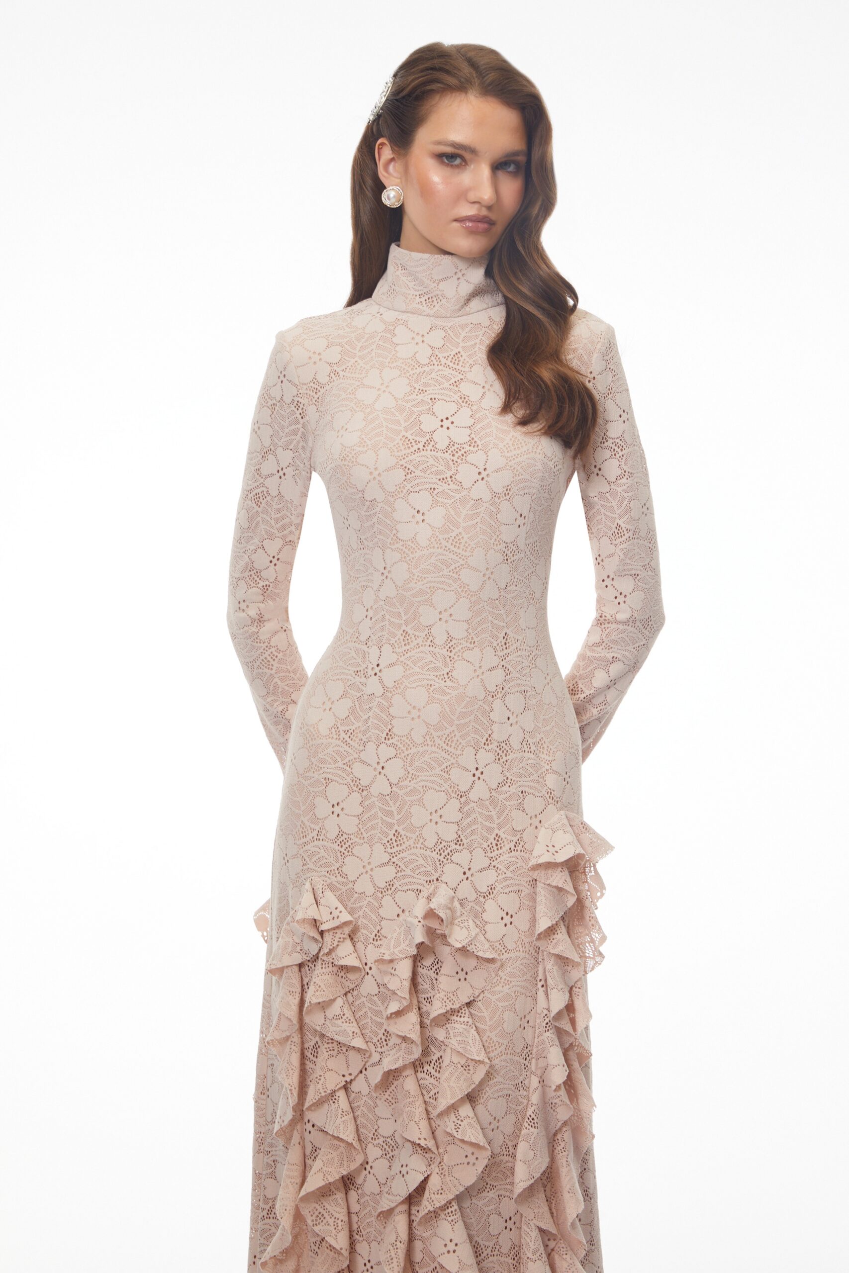 NUDE FLORAL LACE RUFFLED MAXI DRESS