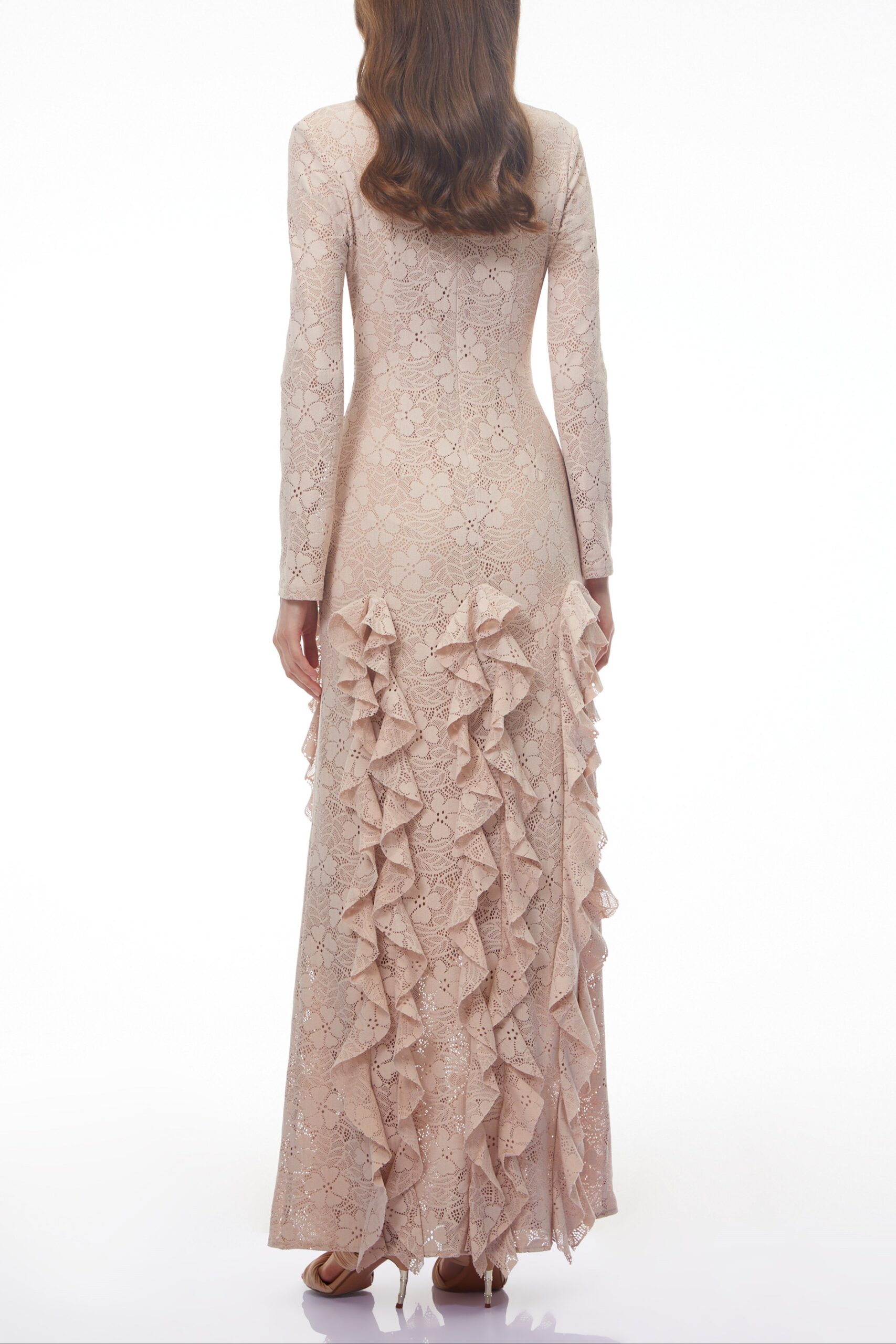 NUDE FLORAL LACE RUFFLED MAXI DRESS