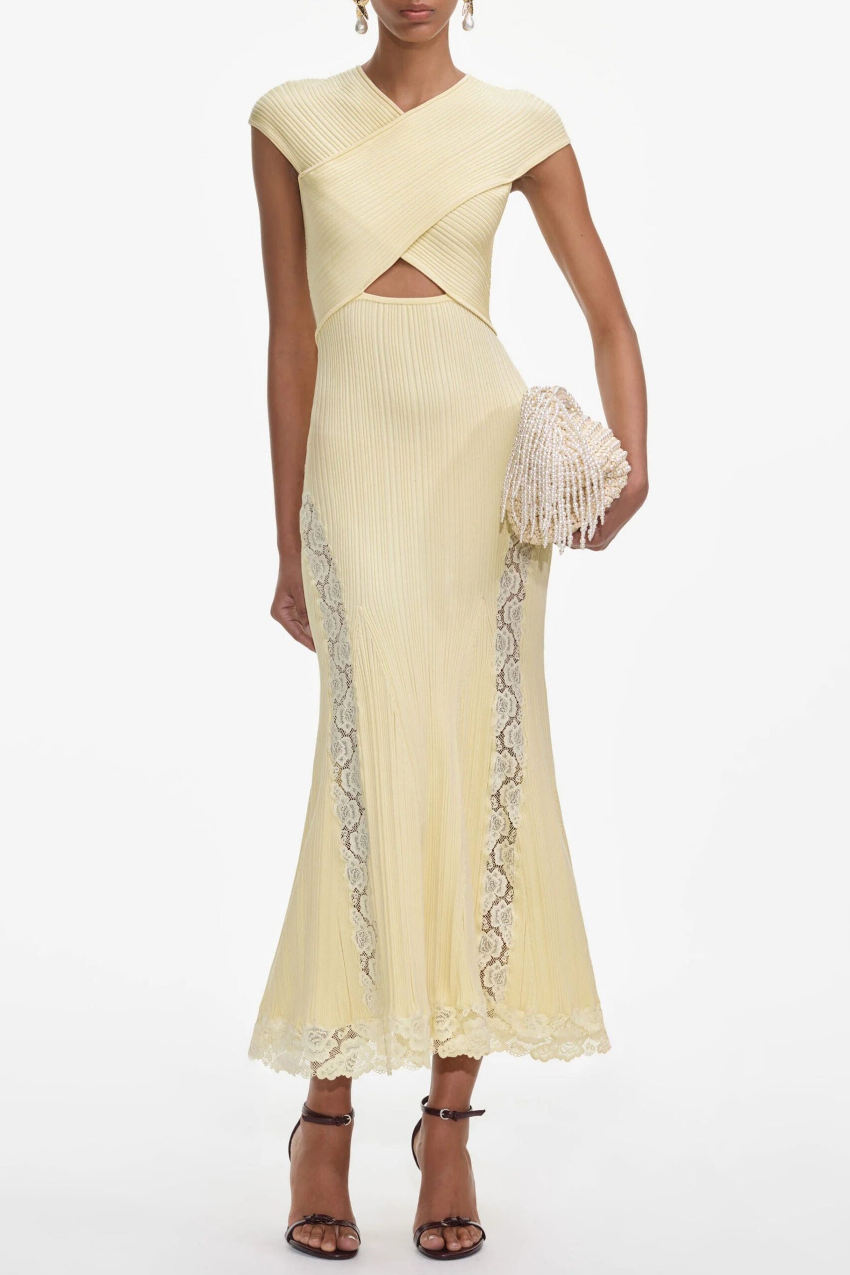 YELLOW LACE INSERT MIDI DRESS FOR WEDDING GUEST