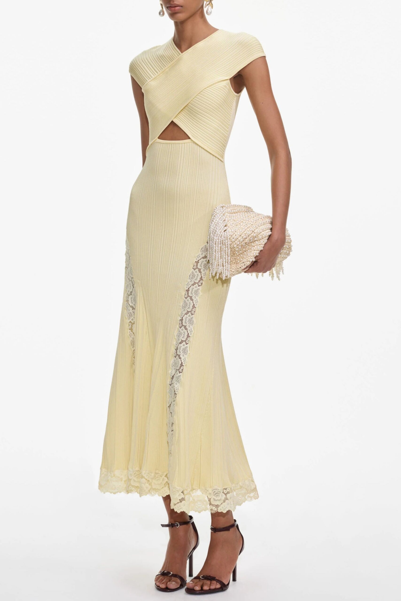 YELLOW LACE INSERT MIDI DRESS FOR WEDDING GUEST