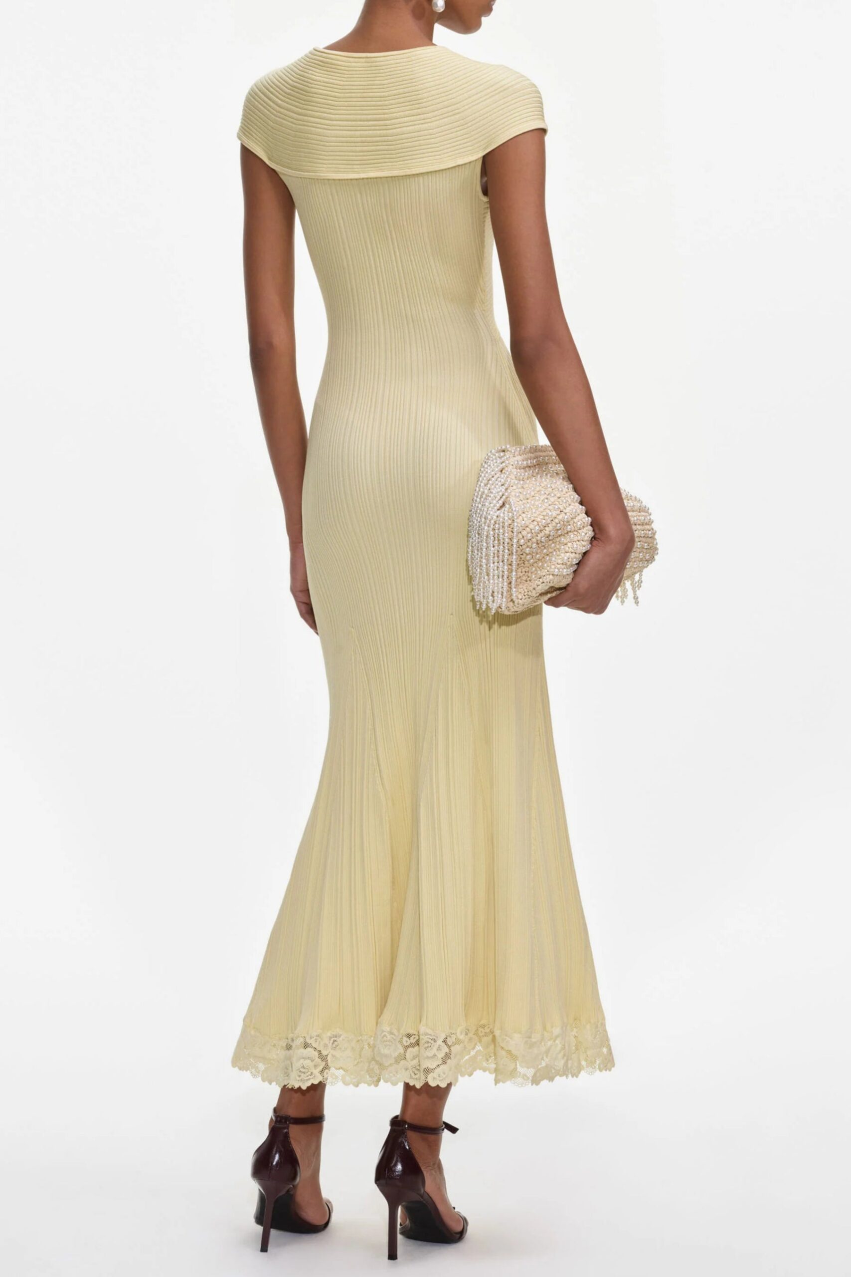 YELLOW LACE INSERT MIDI DRESS FOR WEDDING GUEST