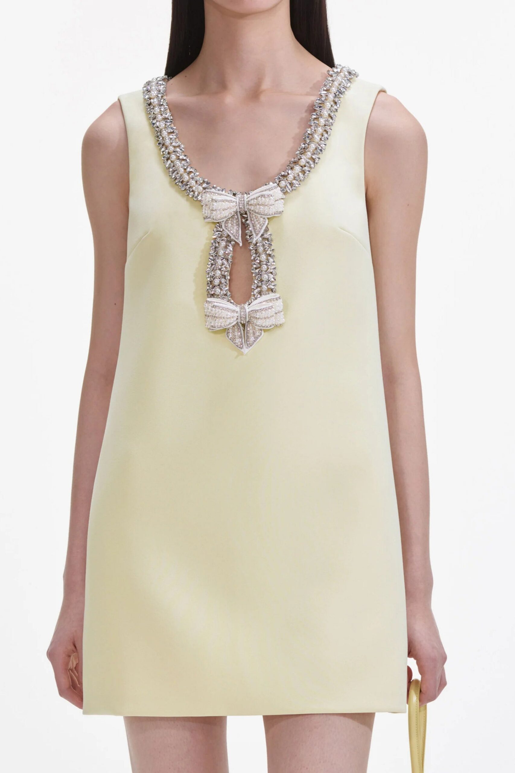YELLOW CREPE BOW MINI DRESS FOR PARTY