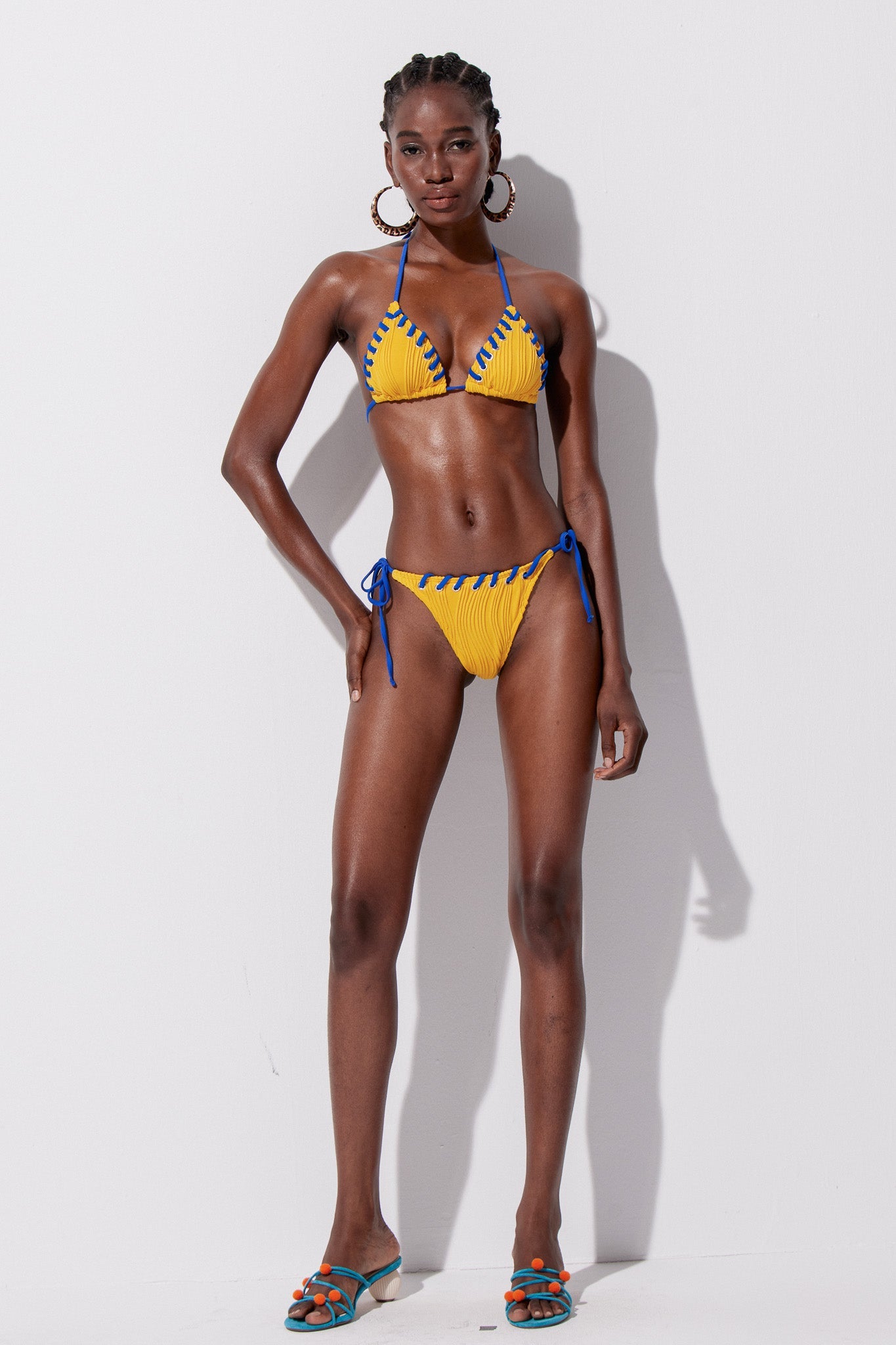 YingStripeHalterNeckSwimwearInYellow_1 YELLOW STRIPE HALTER NECK ONE-PIECE SWIMSUIT