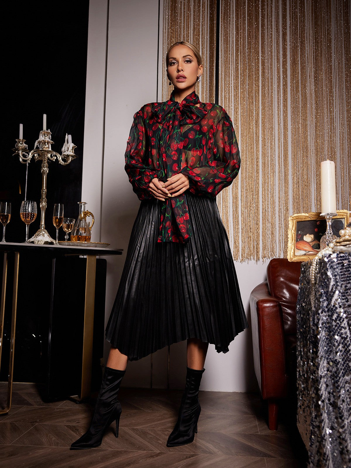 CHERRY PRINTED SHEER BLOUSE FOR PARTY