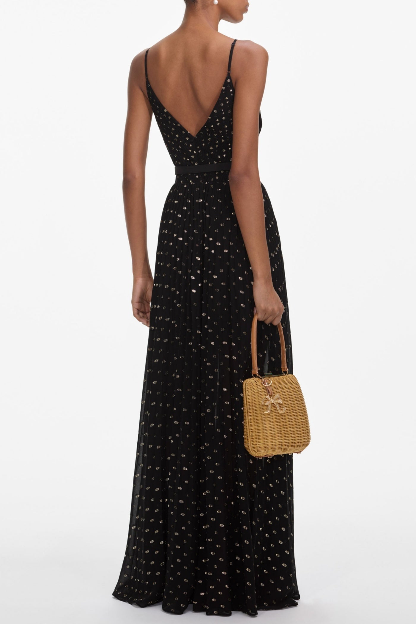 LACE BELTED PLEATED MAXI DRESS, DOT PRINT