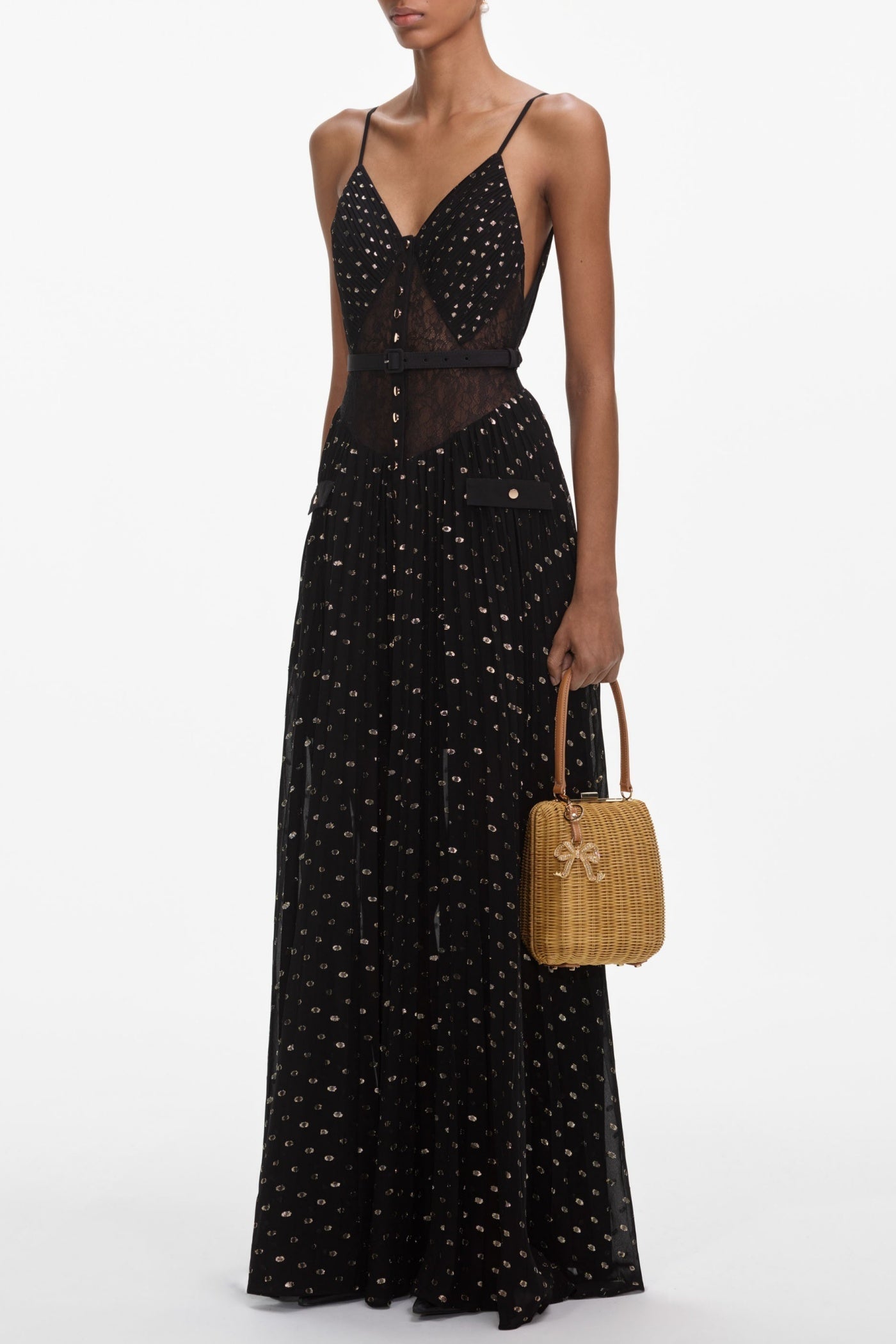 LACE BELTED PLEATED MAXI DRESS, DOT PRINT