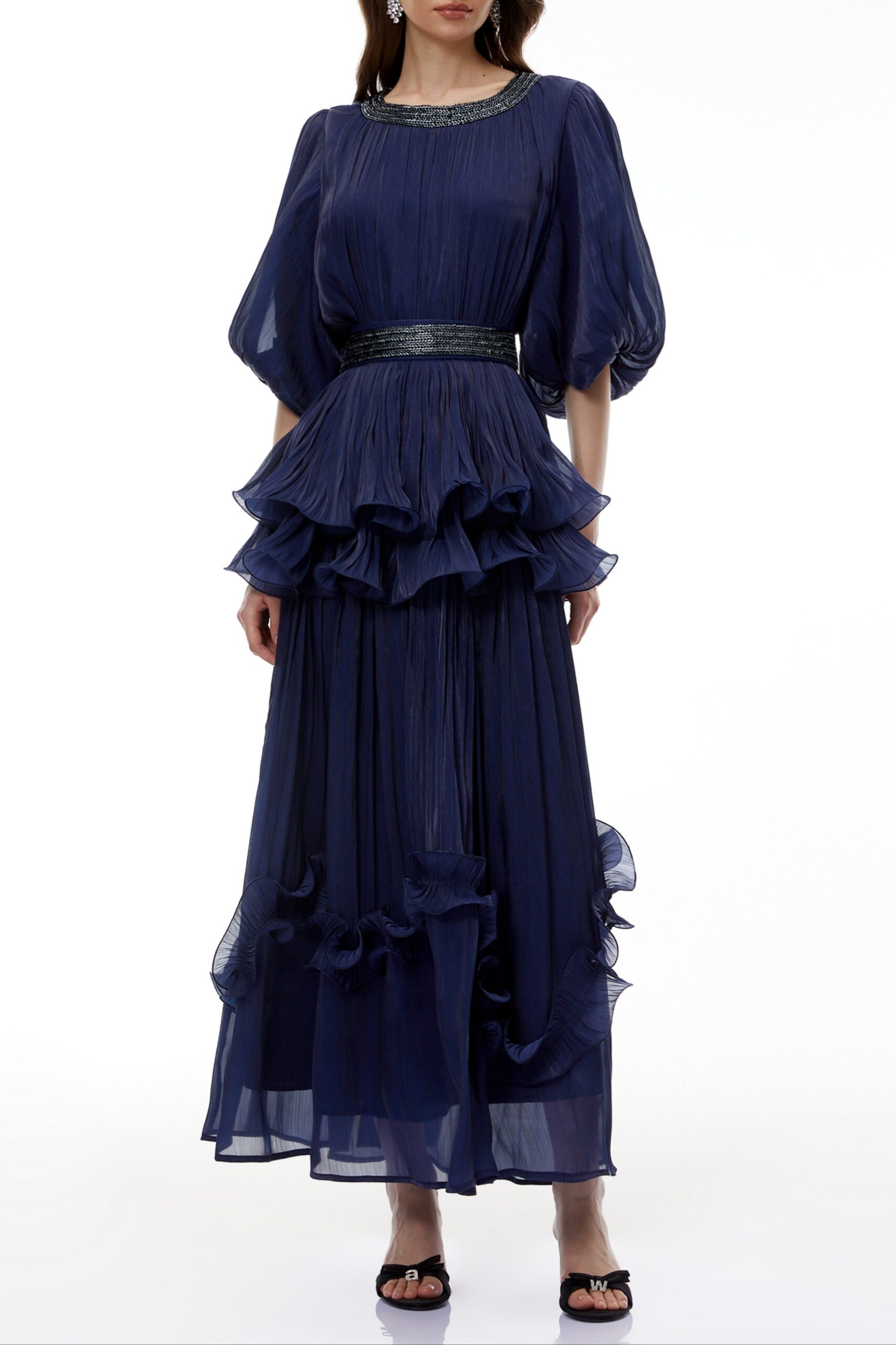 LORRAINE NAVY EMBELLISHED PLEATED MAXI DRESS