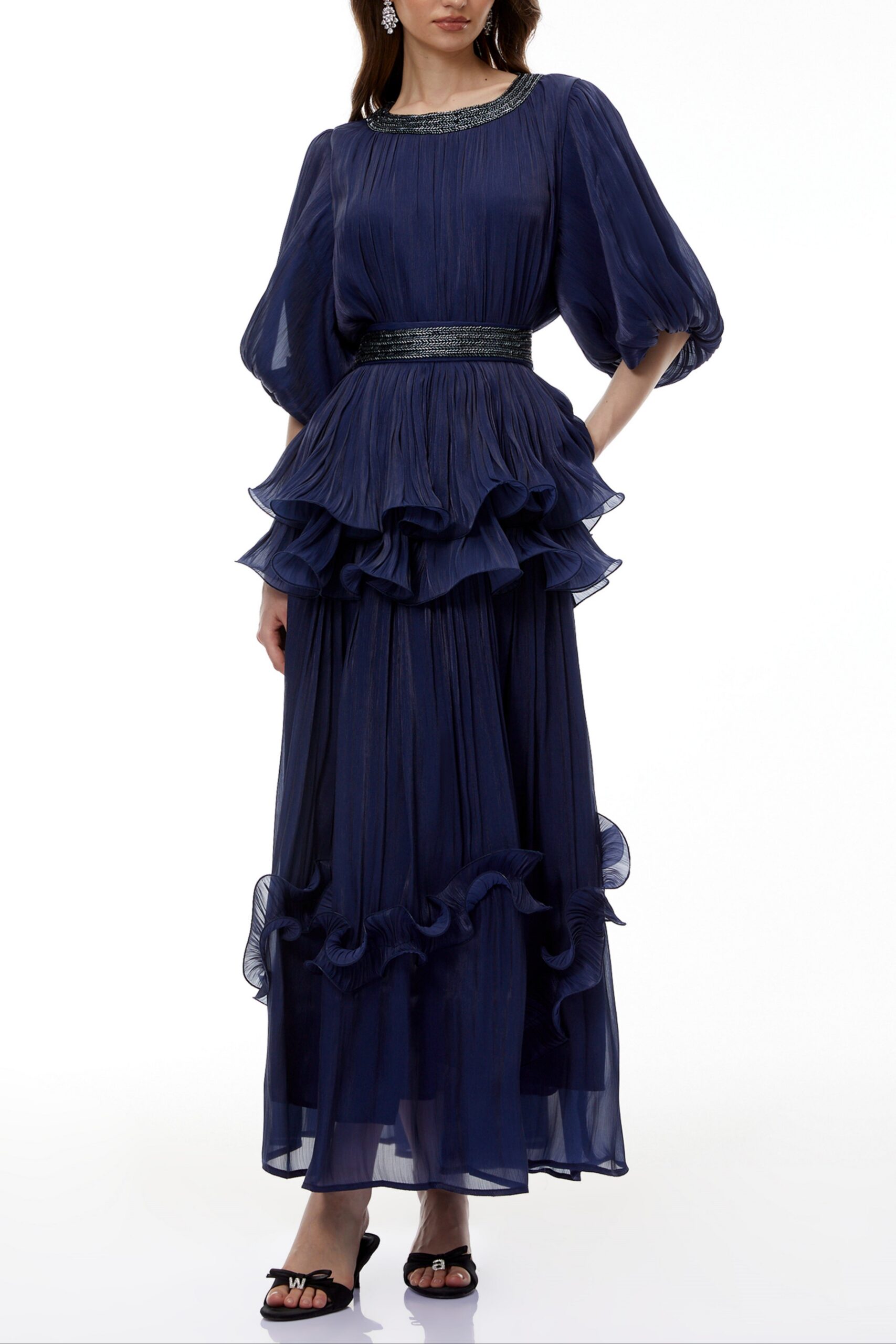 LORRAINE NAVY EMBELLISHED PLEATED MAXI DRESS