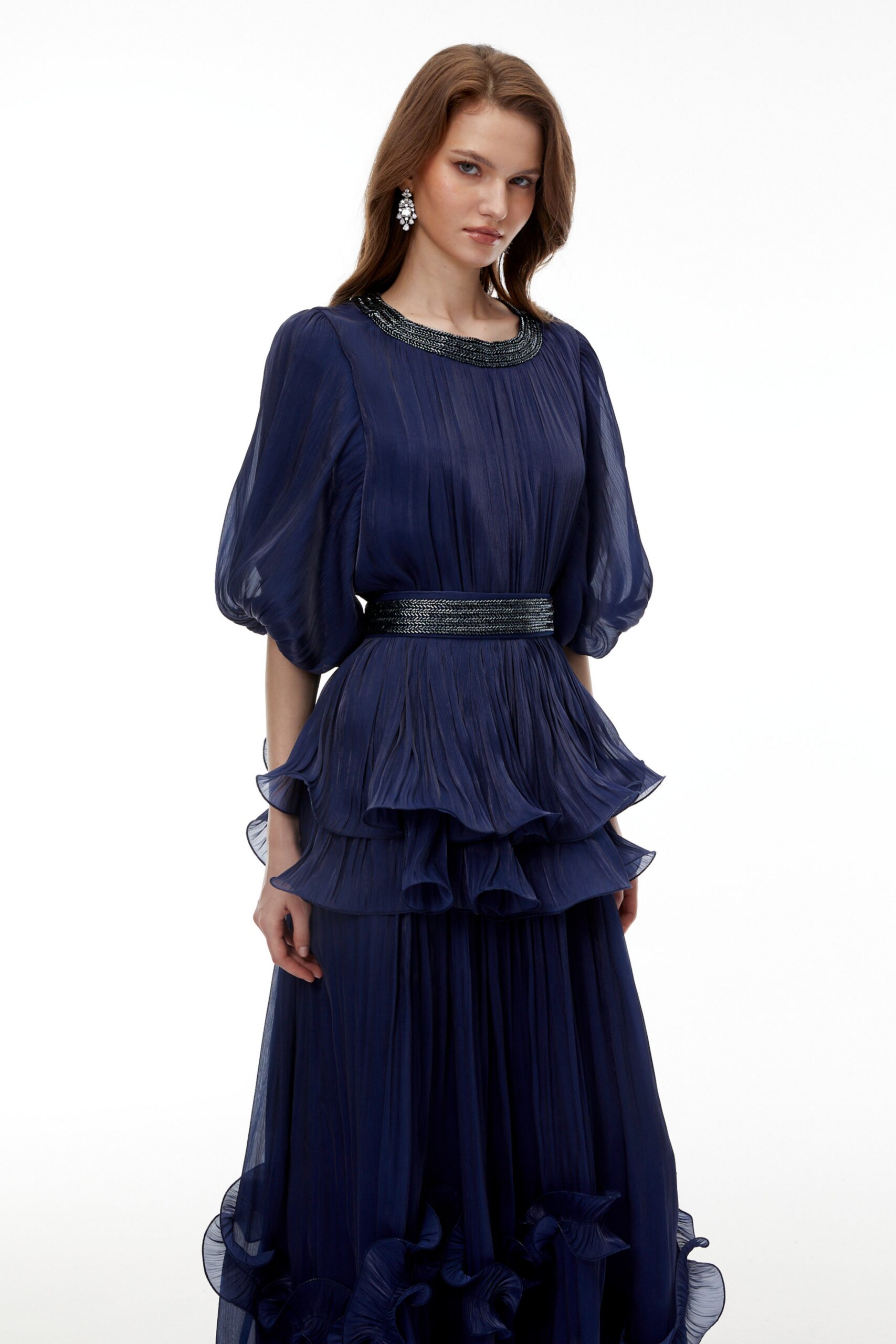 LORRAINE NAVY EMBELLISHED PLEATED MAXI DRESS