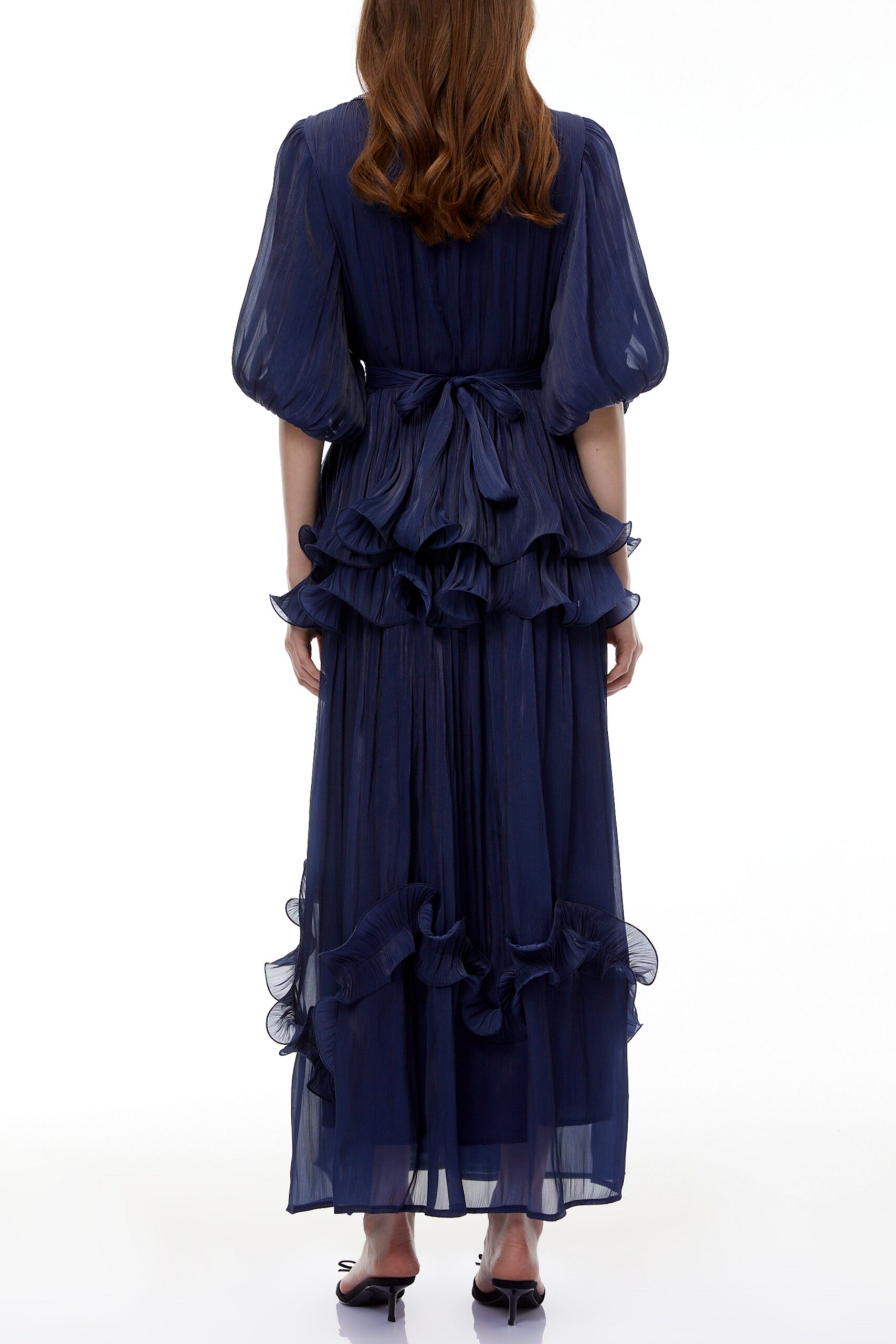 LORRAINE NAVY EMBELLISHED PLEATED MAXI DRESS