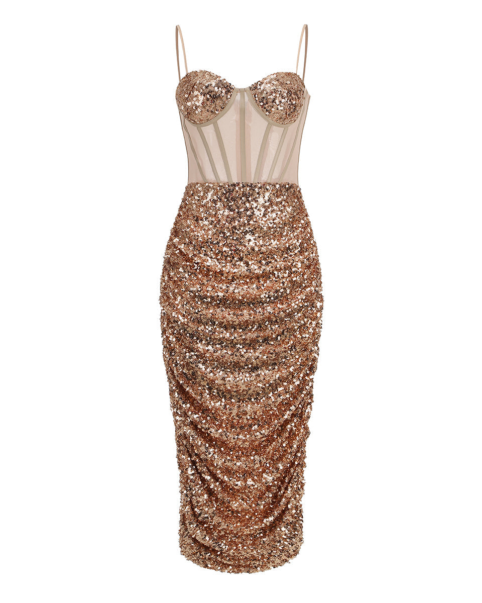 STRAPPY SEQUIN CORSET MIDI DRESS FOR PARTY NIGHTS
